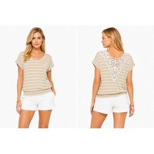 Express Tan White Striped Crochet Lace Back V-Neck Jersey Top Medium Preppy 2011